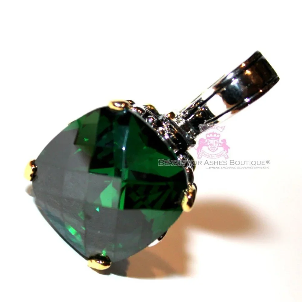 Multi Faceted Throne Room Emerald Green Checker Cushion Cut Two Tone CZ Pendant